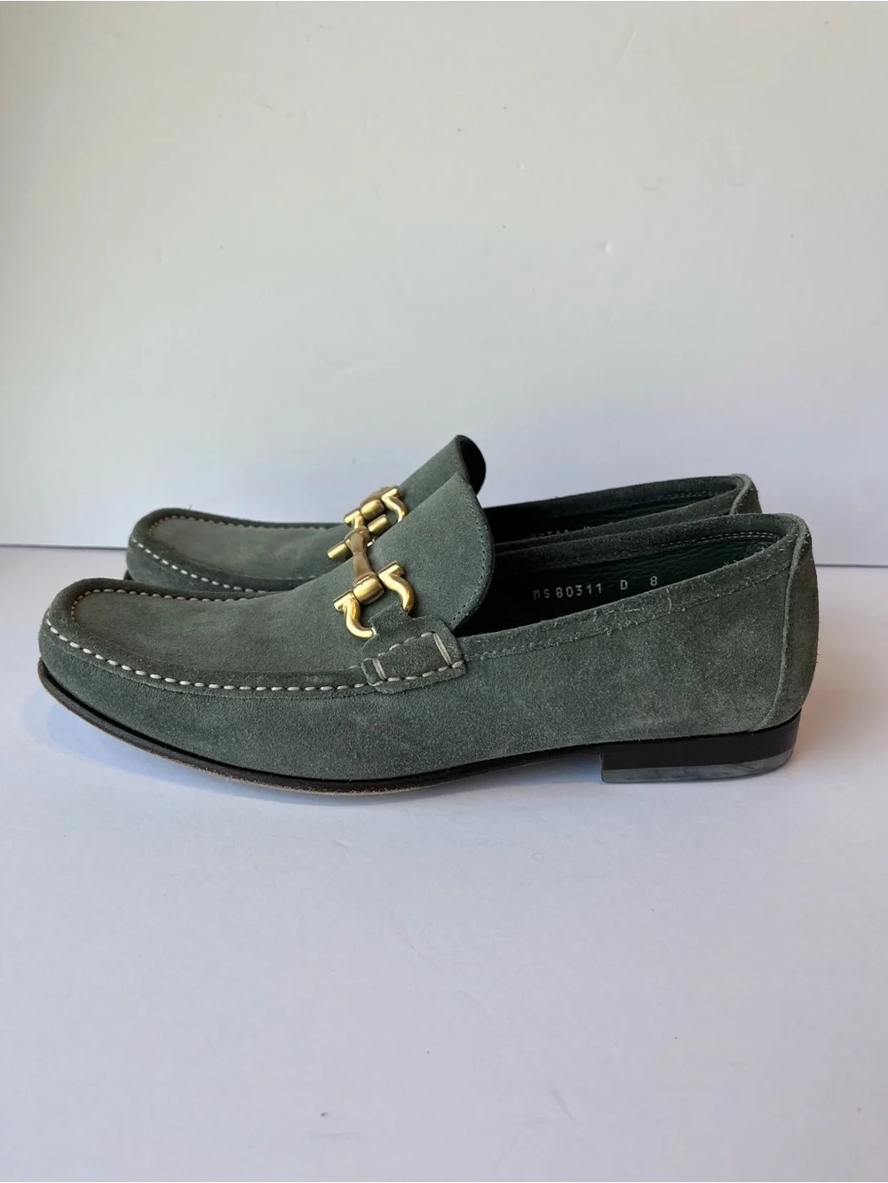 Salvatore Ferragamo Gancini Buckle Green Suede Loafers